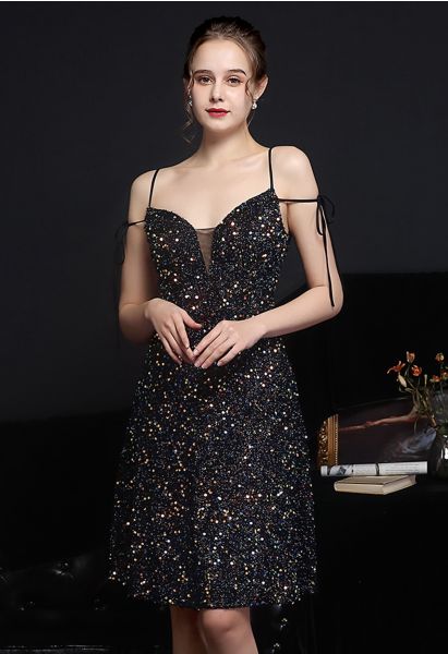 Enchanting Sequined Tie-String Cocktail Dress in Black