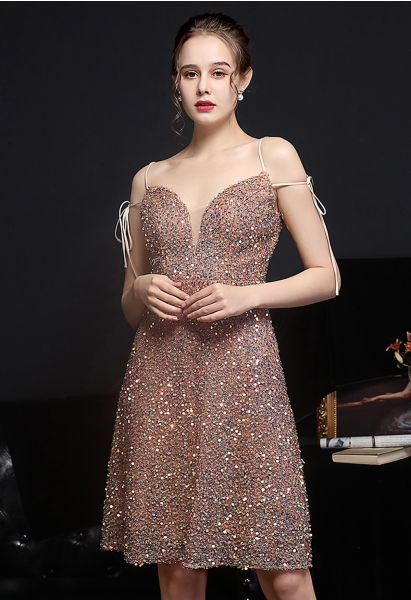 Enchanting Sequined Tie-String Cocktail Dress in Champagne