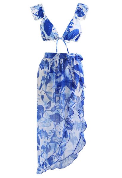Rainforest Vibe Flutter Strap Bikini Set باللون الأزرق