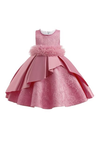 فستان أميرة شبكي مكشكش من الأزهار باللون الوردي للأطفال