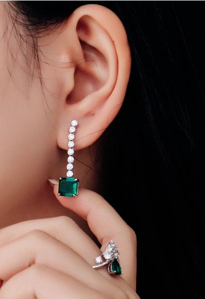 Asscher Cut Emerald Gem Drop Earrings