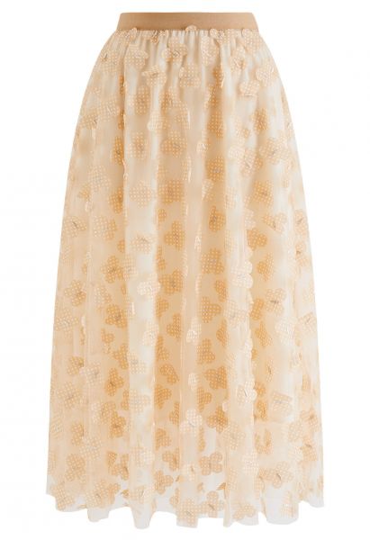 3D Dotted Butterfly Double-Layered Mesh Skirt in Light Tan