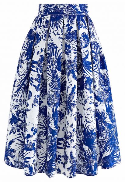 Tropical Groove Jacquard Pleated Midi Skirt in Navy