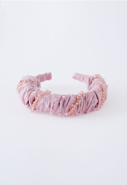 Ruched Organza Beaded Decor Headband in Pink