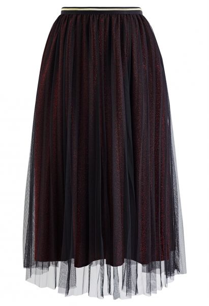 Glimmering Pleated Mesh Midi Skirt in Red