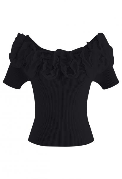 Ruffle Mesh Boat Neck Knit Top in Black