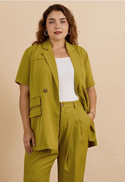 Flap Pockets Trim Short-Sleeve Blazer in Moss Green