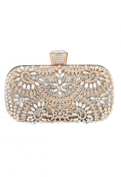 Glittering Floral Rhinestone Inserted Clutch in Silver