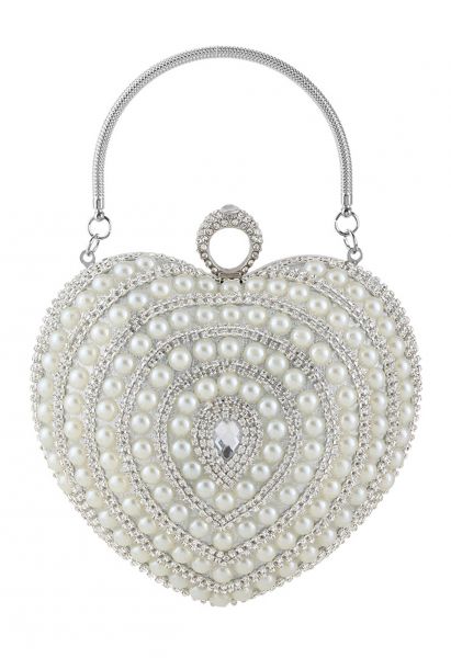 Heart Shape Pearl Decor Clutch in Silver