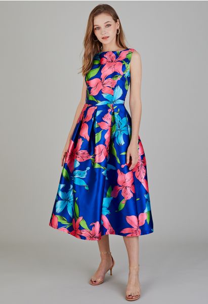 Flamboyant Blossom Sleeveless Midi Dress