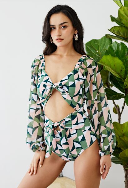 Geometric Pattern Twisted Front Cutout Swimsuit in Green