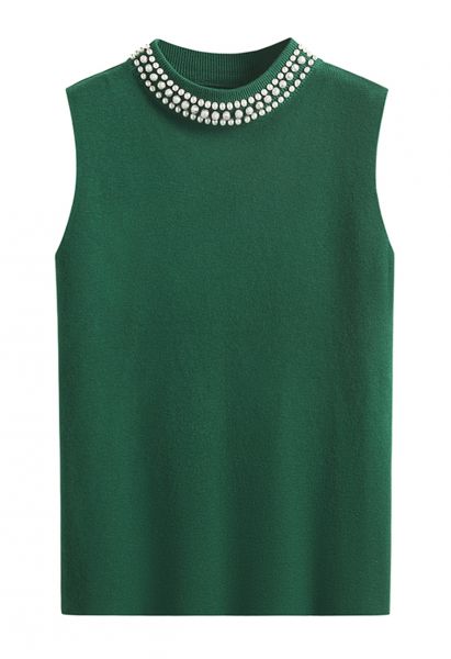 Pearl Embellished Mock Neck Sleeveless Knit Top in Dark Green