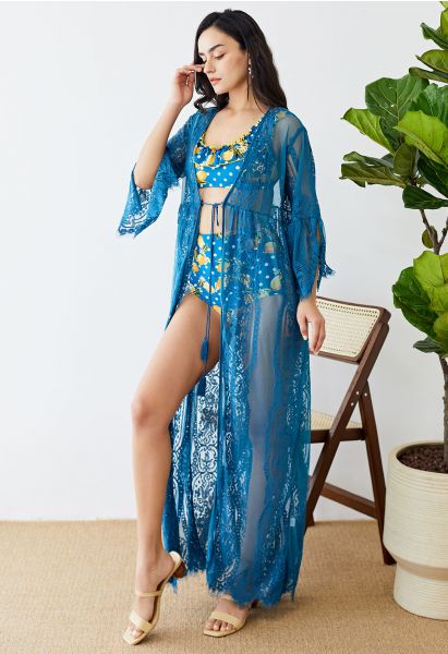 Slit Cuffs Floral Lace Kimono in Teal