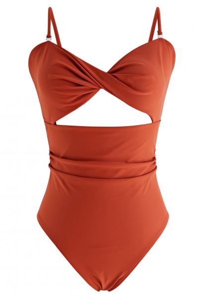 Twisted Front Cutout Swimsuit in Rust Red