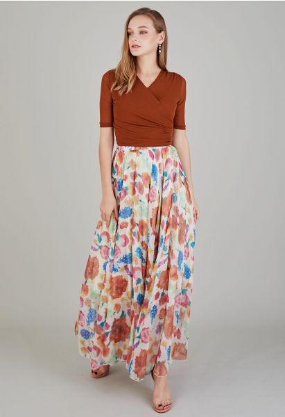 Colorful Blossom Printed Chiffon Maxi Skirt in Light Yellow