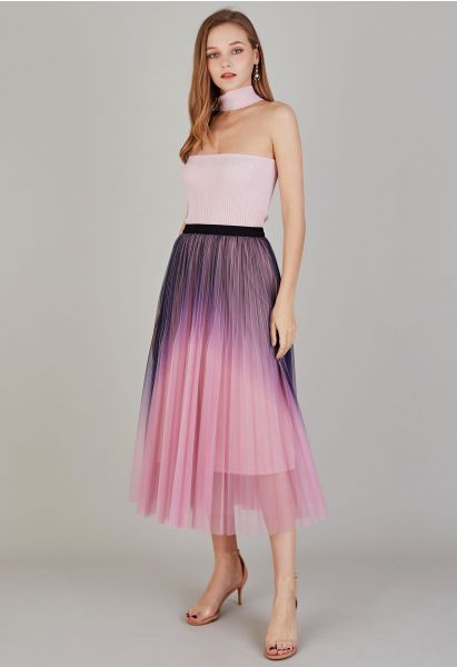 Shimmer Gradient Pleated Mesh Midi Skirt