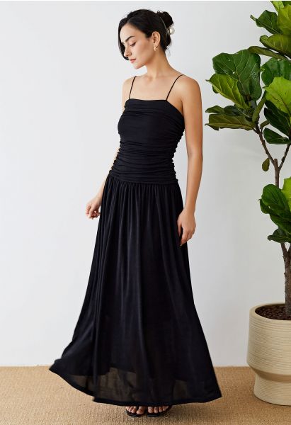 Ruched Elegance Cami Maxi Dress in Black