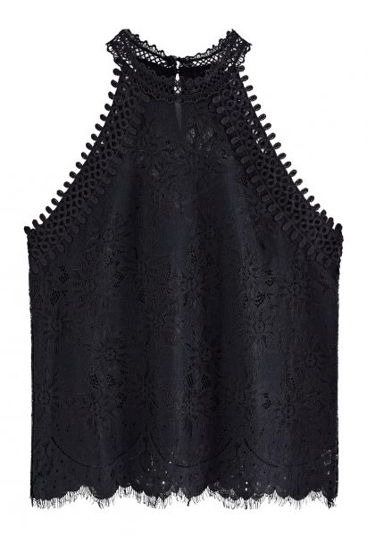 Floral Lace Cutwork Halterneck Top in Black