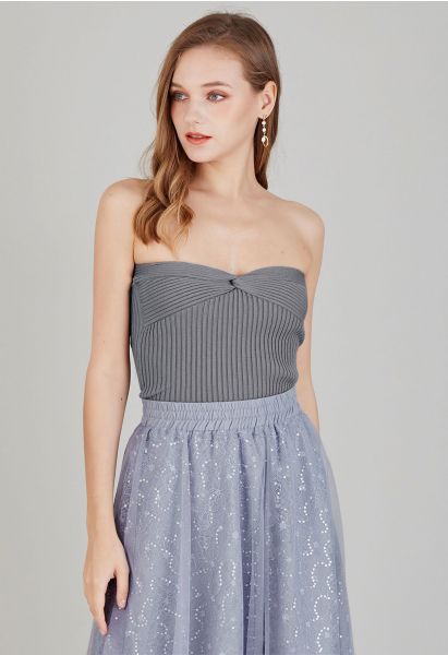 Twist Front Ribbed Knit Tube Crop Top in Grey