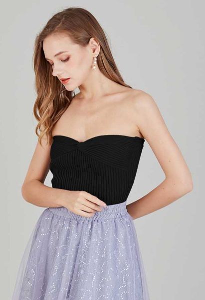 Twist Front Ribbed Knit Tube Crop Top in Black