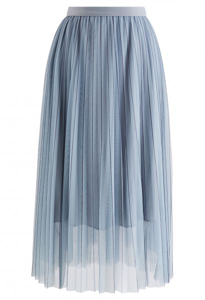 Contrast Lines Pleated Mesh Tulle Midi Skirt in Dusty Blue