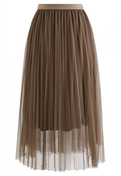 Contrast Lines Pleated Mesh Tulle Midi Skirt in Brown