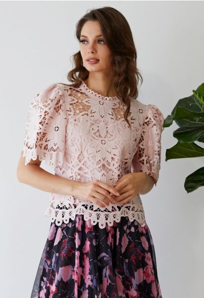 Flower Pattern Crochet Lace Flare Sleeves Top in Pink