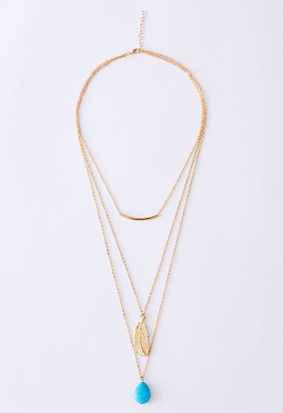 Turquoise Feather Pendant Multi-Layered Necklace in Gold