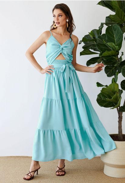 Twist Cutout Shirred Cami Maxi Dress in Mint