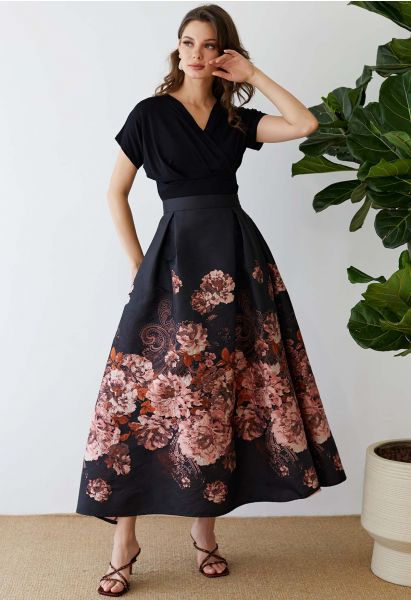 Bewitching Peony Jacquard Flare Skirt in Black