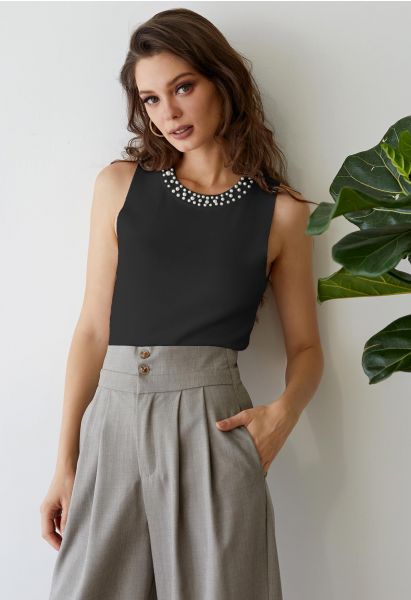 Pearly Neckline Knit Tank Top in Black