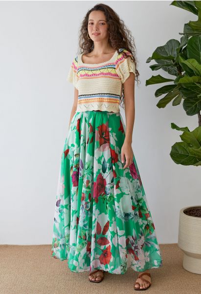 Best Blooms Rose Printed Chiffon Maxi Skirt in Green