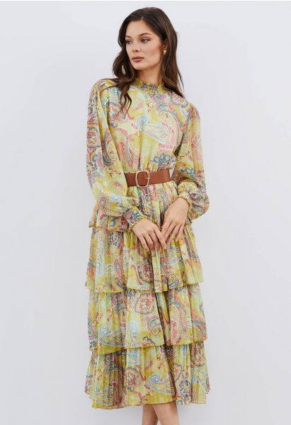 Paisley Printed Belted Tiered Chiffon Dress in Yellow