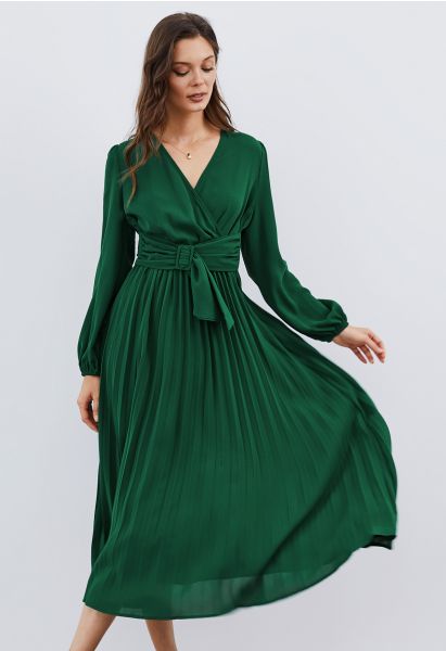 Wrap Front Buckle Belt Dress in Dark Green