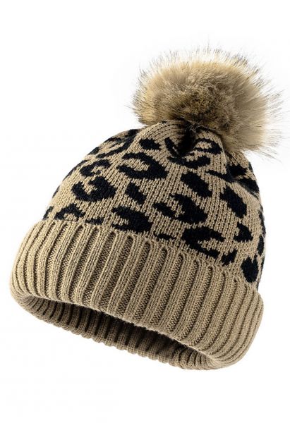 Fuzzy Pom-Pom Leopard Knit Beanie Hat in Khaki