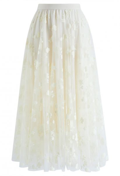 3D Posy Double-Layered Mesh Midi Skirt in Cream