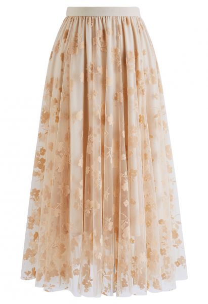 3D Posy Double-Layered Mesh Midi Skirt in Light Tan