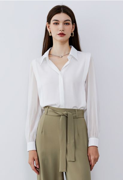 Heart Necklace V-Neck Satin Shirt in White