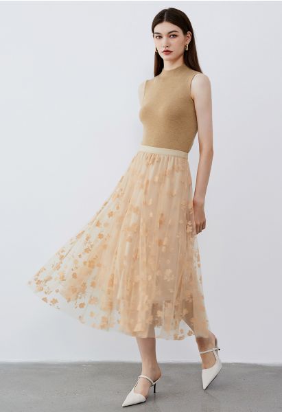 3D Posy Double-Layered Mesh Midi Skirt in Light Tan