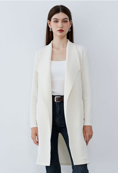 Lapel Open Front Quilted Cotton-Blend Coat in Ivory