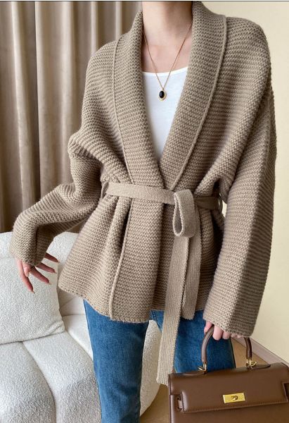 Collared Self-Tie Wrap Waffle Knit Cardigan in Light Tan