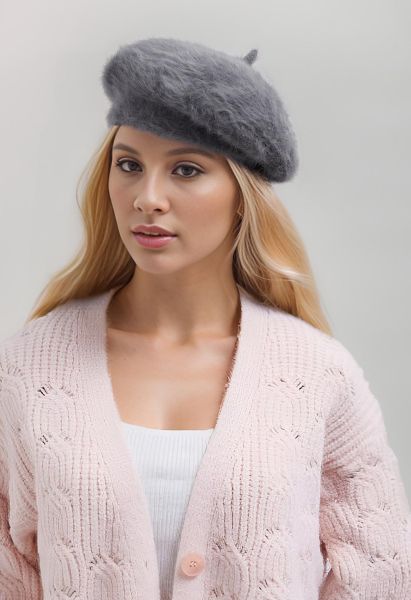Pure Color Ultra-Soft Fuzzy Beret in Smoke