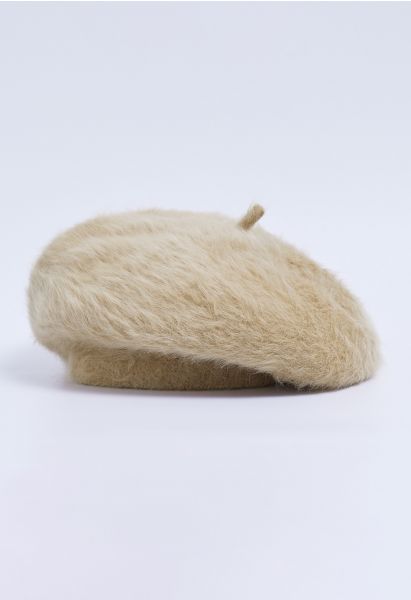 Pure Color Ultra-Soft Fuzzy Beret in Khaki