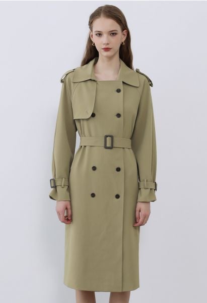 Tailored Double-Breasted Belted Trench Coat in Khaki