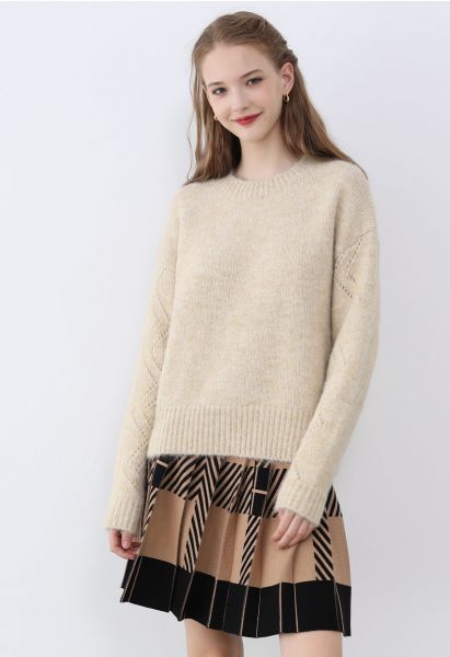 Color Block Striped Pleated Knit Skirt in Tan