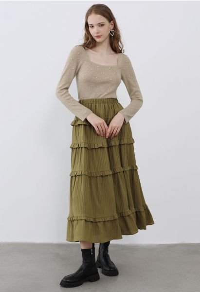 Ruffle Tiered Stripe Texture Maxi Skirt in Olive