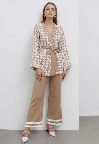 Houndstooth Self-Tie Wrap Knitted Cardigan and Pants Set in Tan