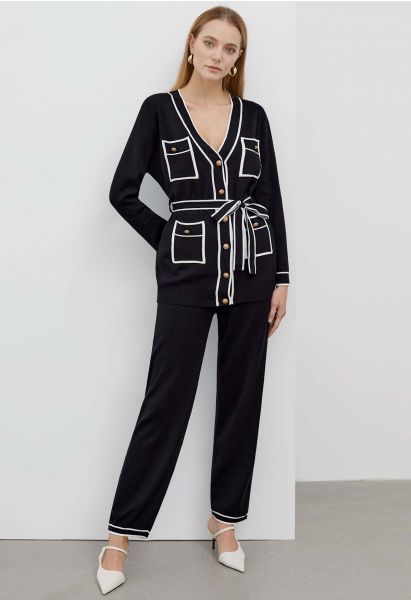 Contrast Edge Buttons Knit Cardigan and Pants Set in Black