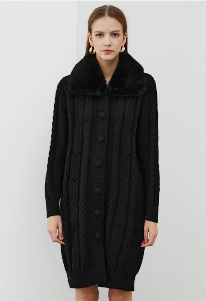 Faux Fur Collar Cable Knit Buttoned Longline Cardigan in Black