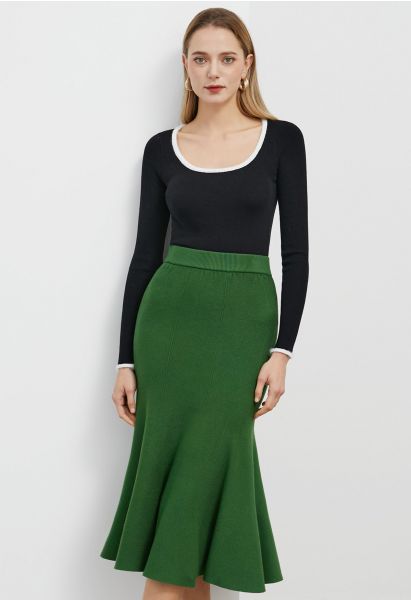 Frilling Hem Knit Midi Skirt in Green